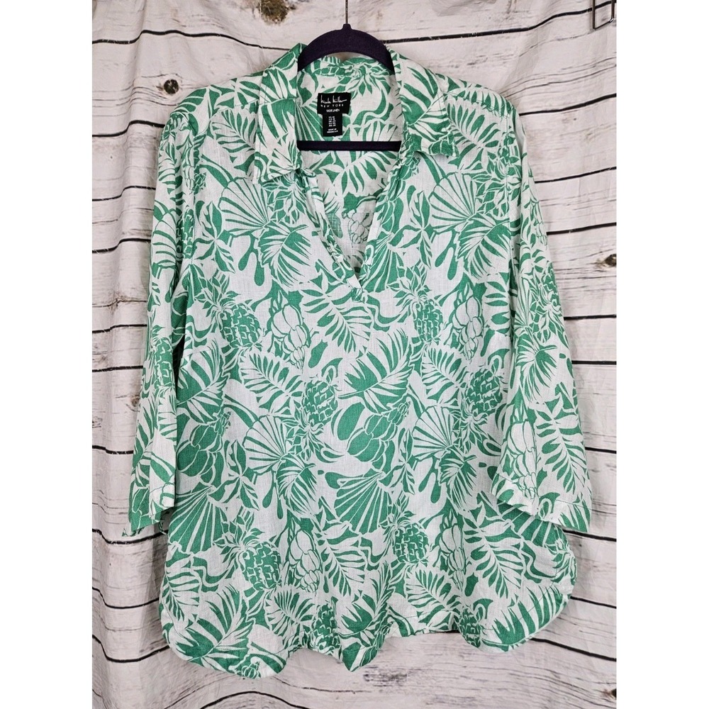 Nicole Miller 100% Linen Top 1X Womens Green Floral Tunic Side Ties V Neck